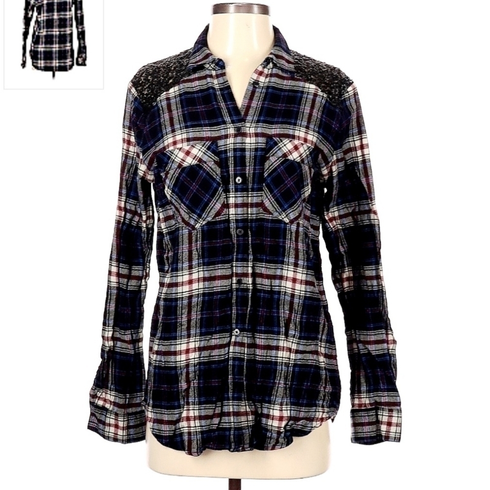 Express Boyfriend Sequin Embellished Flannel Button Up Shirt Women's Small S EUC